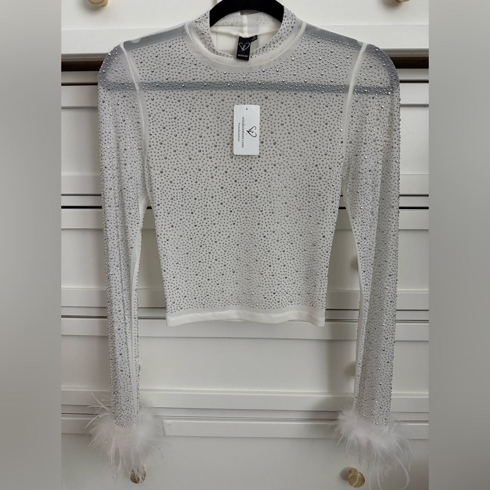 Windsor White mesh Rhinestone mock neck